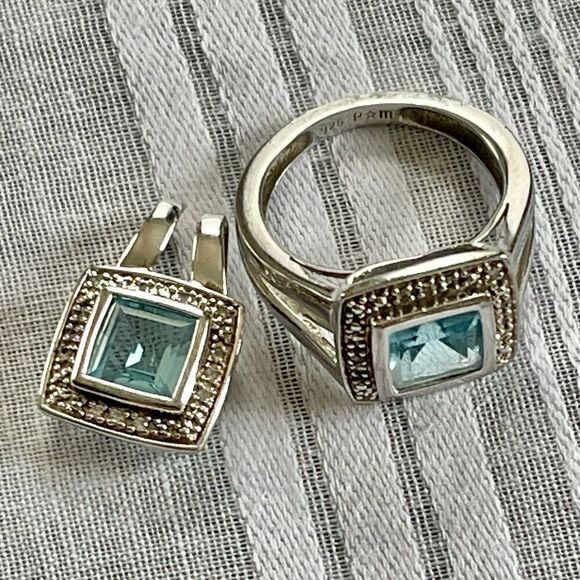 P*M .925 Sterling Silver Cushion Cut Blue Topaz Diamond Halo Ring Pendant Set - Picture 4 of 16